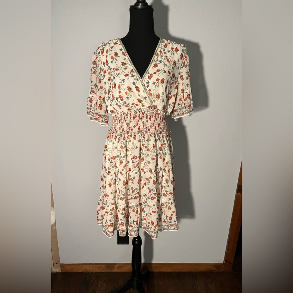 NWT MAX STUDIO Floral Print Ruffle Dress Short Sleeve Smocked Size Large